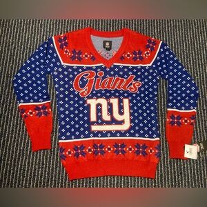 NWT New York Giants Womens NFL V-Neck Ugly Xmas Christmas Sweater Blue White
